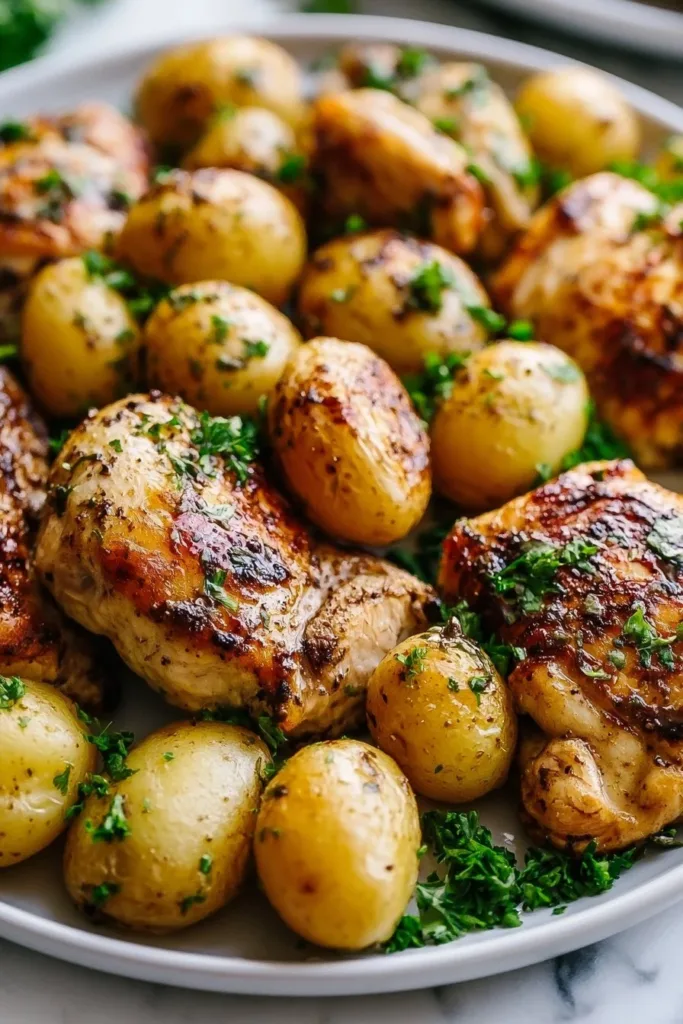 Lemon Chicken and Potatoes cooked on a sheet pan, garnished with herbs and lemon slices.