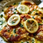 Plate of Lemon Chicken Romano garnished with herbs and lemon slices.