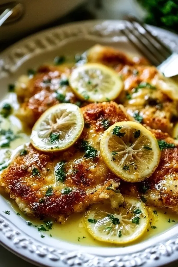 Plate of Lemon Chicken Romano garnished with herbs and lemon slices.