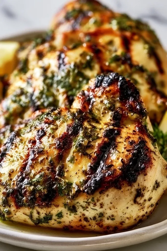 Lemon Herb Grilled Chicken garnished with fresh herbs and lemon slices