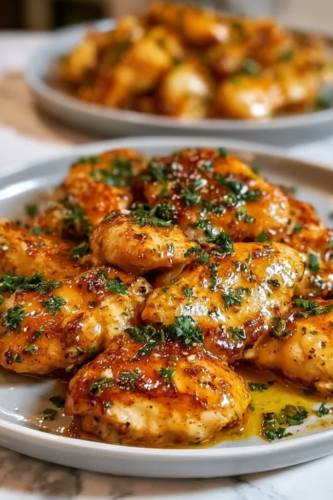 Plate of melt in your mouth chicken with herbs and spices, showcasing juicy flavors.