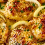 Plate of delicious Minute Lemon Chicken garnished with fresh herbs