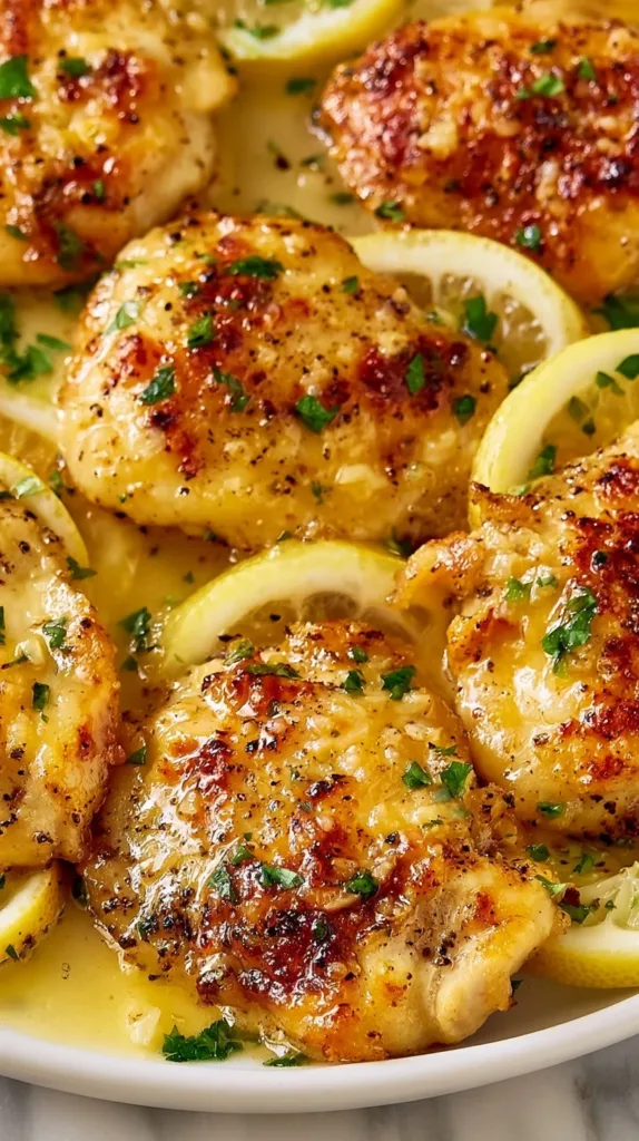 Plate of delicious Minute Lemon Chicken garnished with fresh herbs