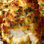 Crispy Parmesan Crusted Chicken served with herbs and lemon
