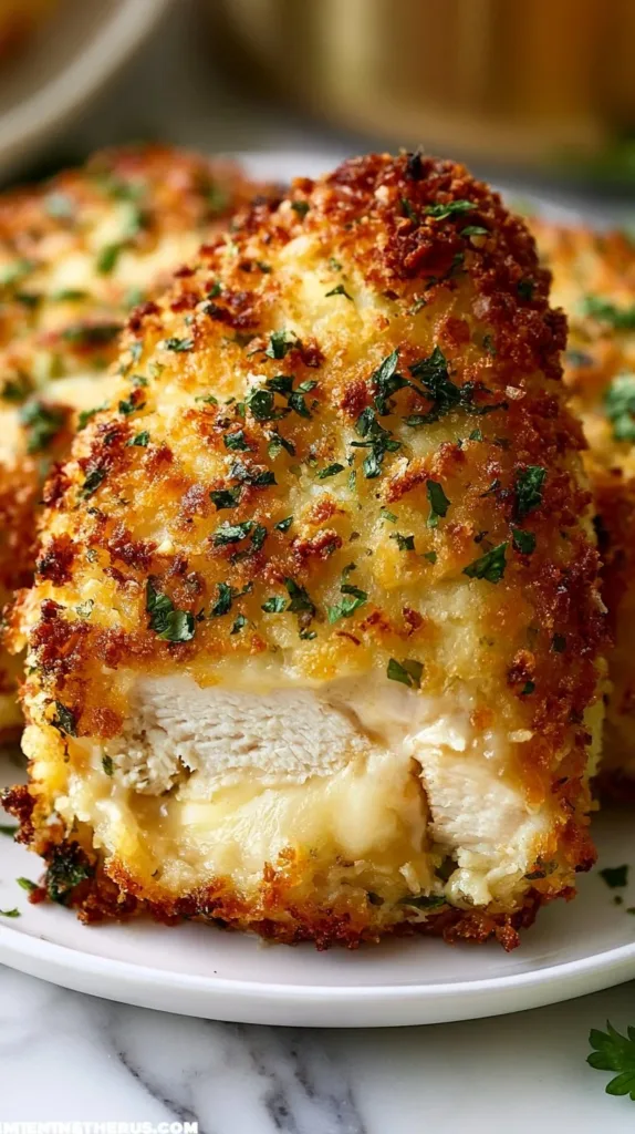 Crispy Parmesan Crusted Chicken served with herbs and lemon