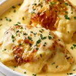 Peanut Chicken with creamy sauce garnished with fresh herbs