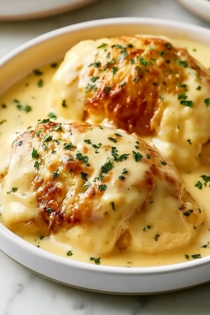 Peanut Chicken with creamy sauce garnished with fresh herbs