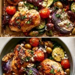 Sheet pan Greek chicken with colorful veggies cooked in 30 minutes.