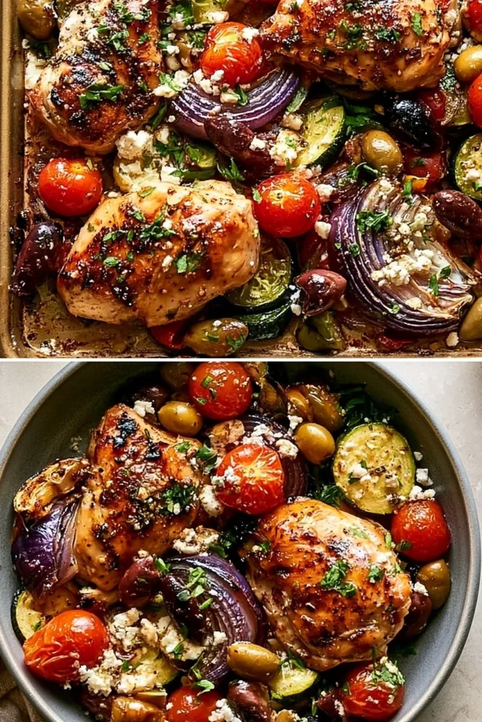 Sheet pan Greek chicken with colorful veggies cooked in 30 minutes.