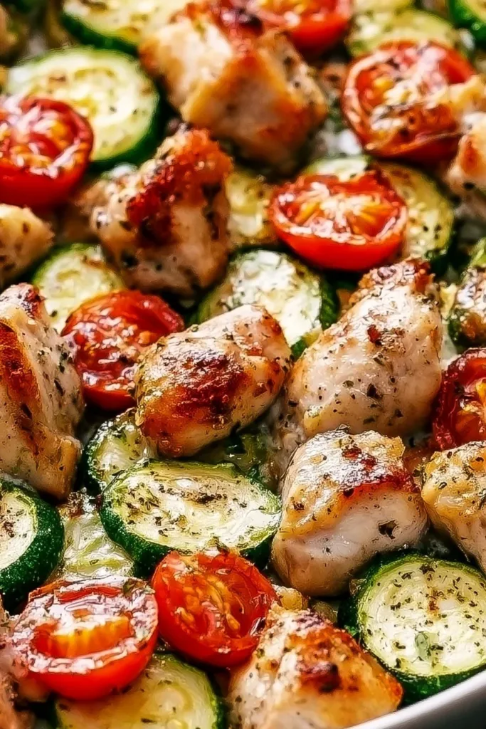 Sheet pan Mediterranean chicken and zucchini dish ready to serve.