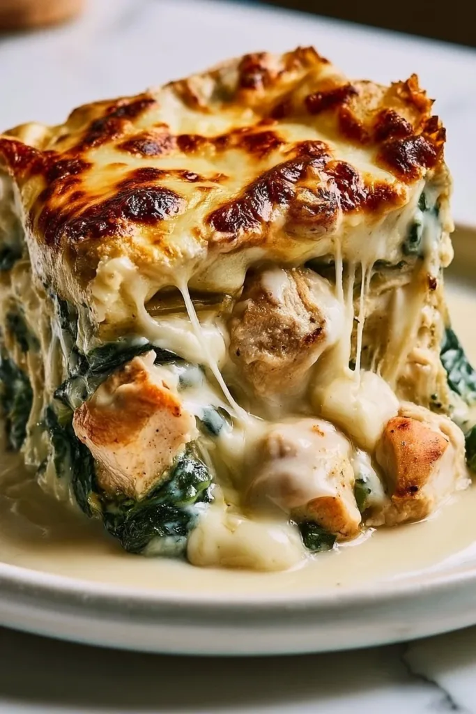 Delicious spinach artichoke chicken casserole topped with cheese and herbs
