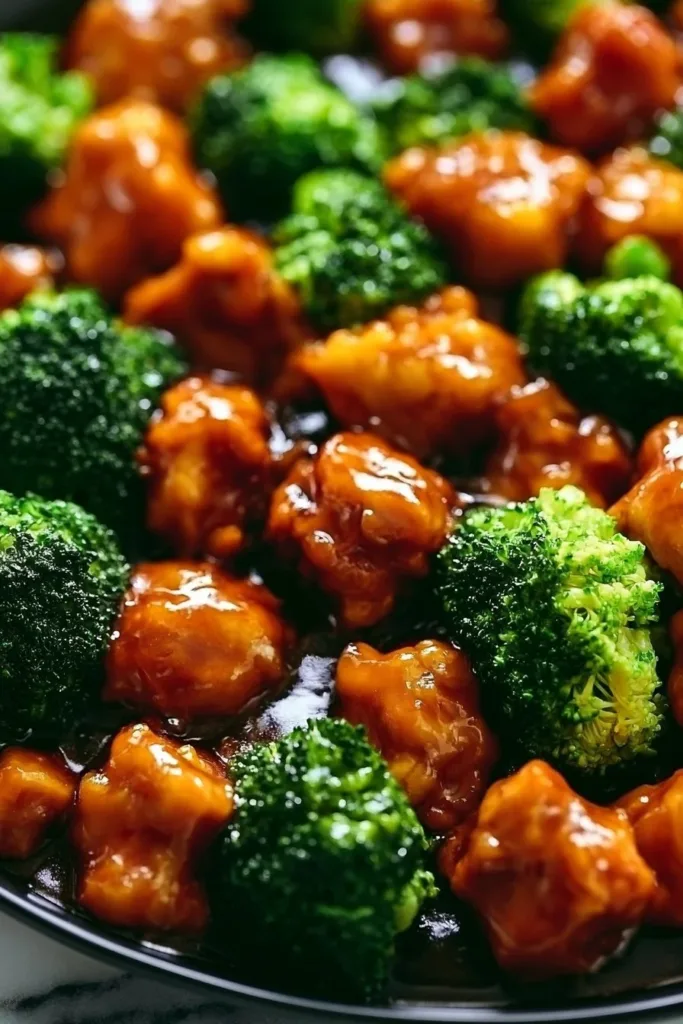 Plate of sticky chicken and broccoli garnished with sesame seeds and green onions