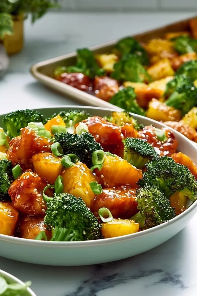 Teriyaki chicken sheet pan with pineapple and broccoli for dinner