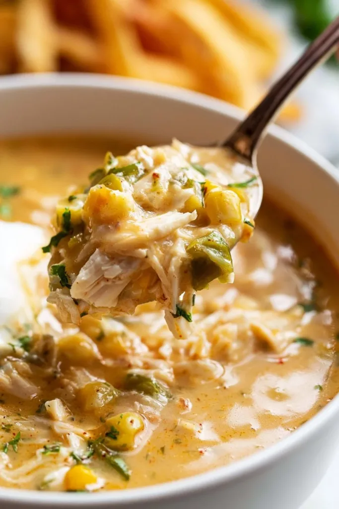 Delicious white chicken chili in a crockpot ready to serve