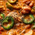 Bowl of white chicken chili topped with cilantro and avocado, ready to serve.