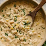 Bowl of creamy white chicken chili garnished with cilantro and lime.