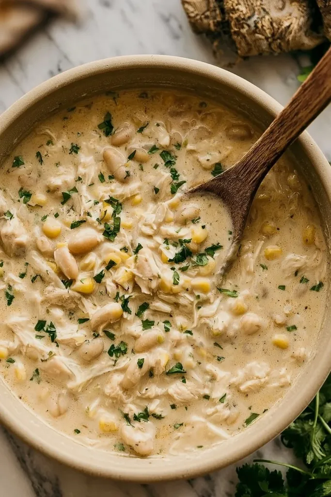 Bowl of creamy white chicken chili garnished with cilantro and lime.