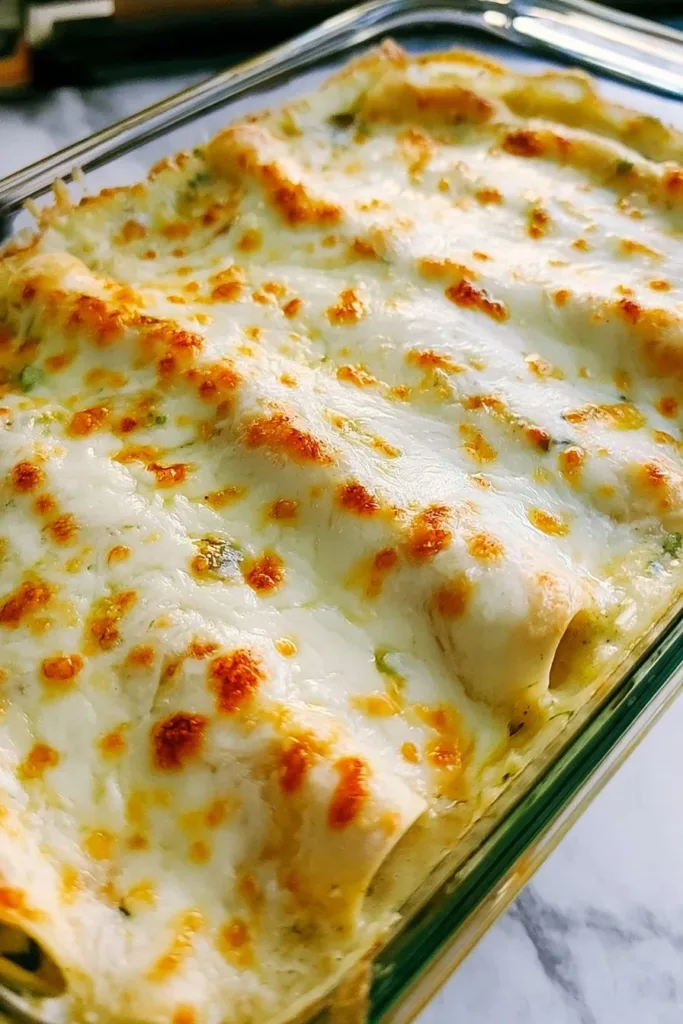 Delicious white chicken enchiladas topped with creamy sauce and garnished.