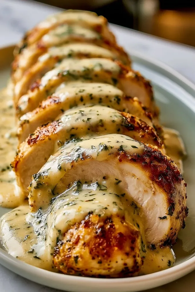 Delicious Baked Caesar Chicken topped with creamy parmesan sauce