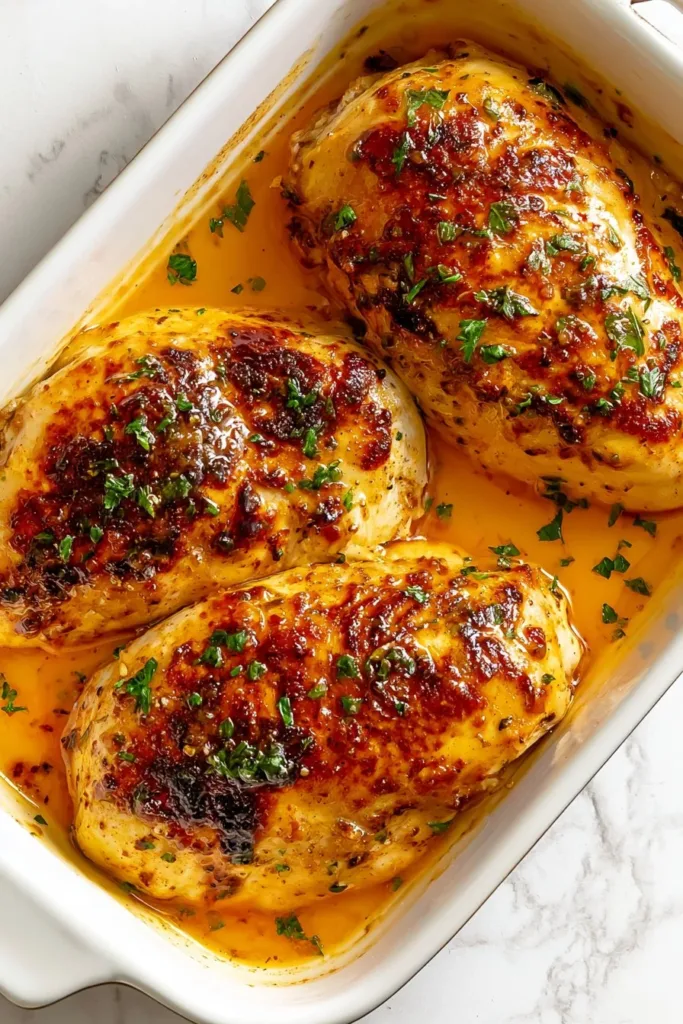 Juicy baked chicken breast served with fresh herbs and vegetables