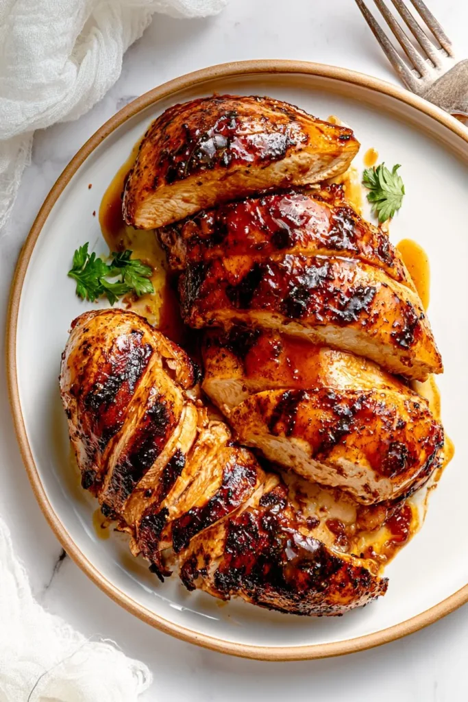 Plate of delicious balsamic chicken garnished with herbs