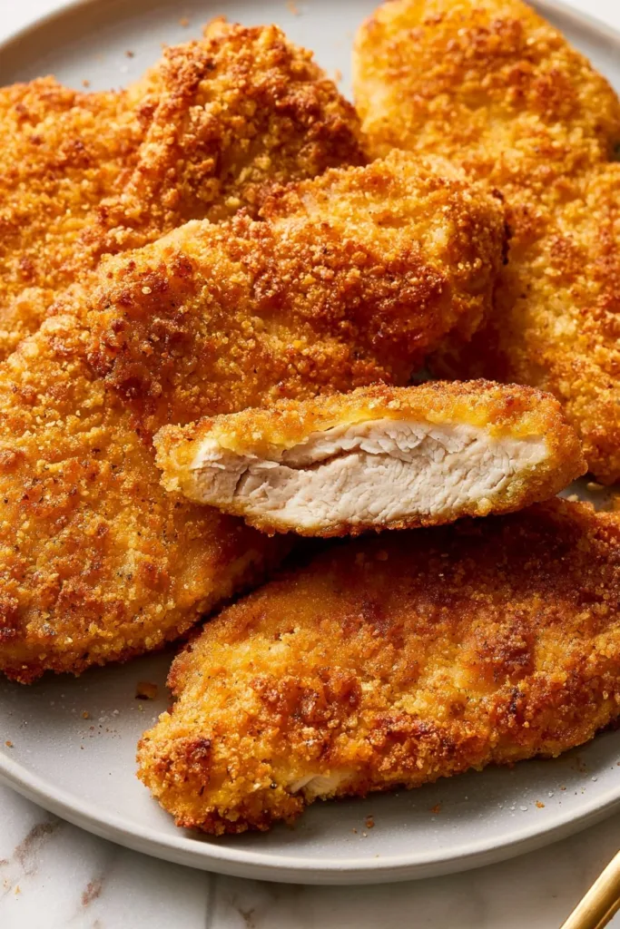 Delicious tray of golden brown oven fried chicken ready to be served.