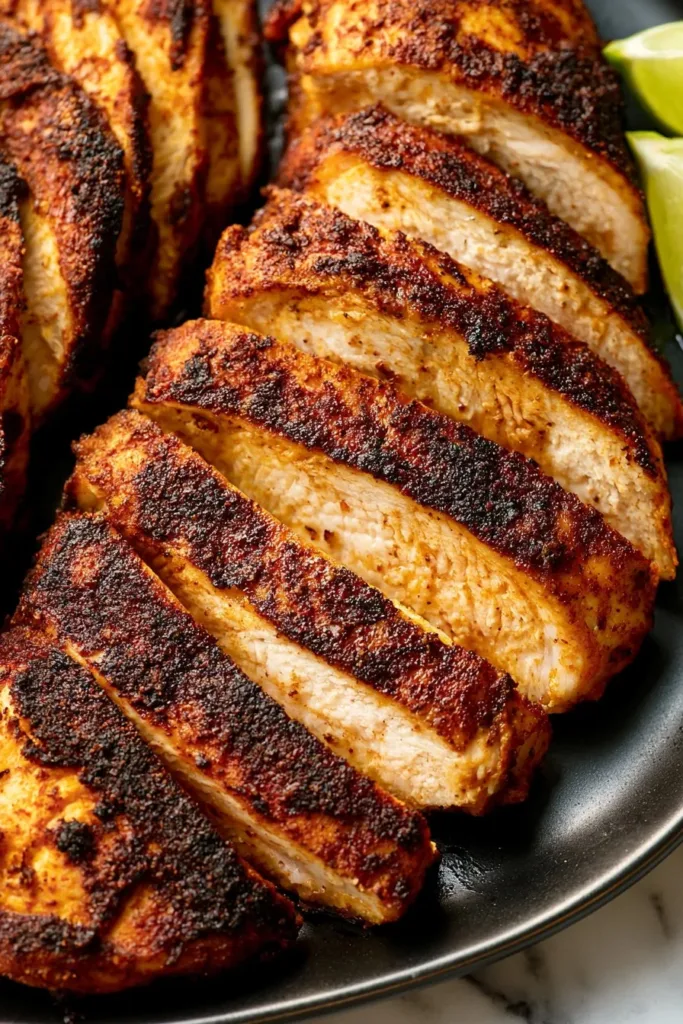 Plate of flavorful blackened chicken served with sides