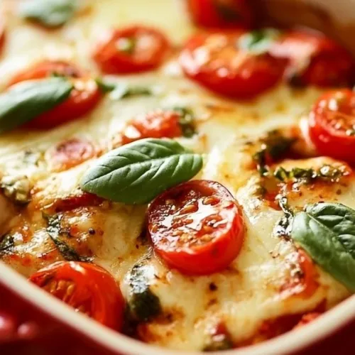 Delicious Chicken Caprese casserole with chicken, mozzarella, and basil.