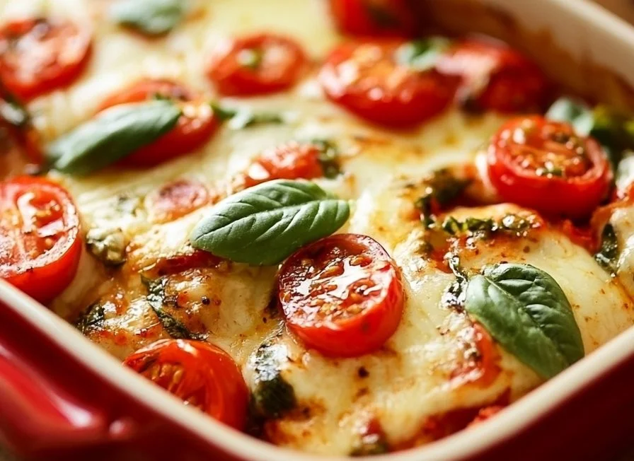 Delicious Chicken Caprese casserole with chicken, mozzarella, and basil.