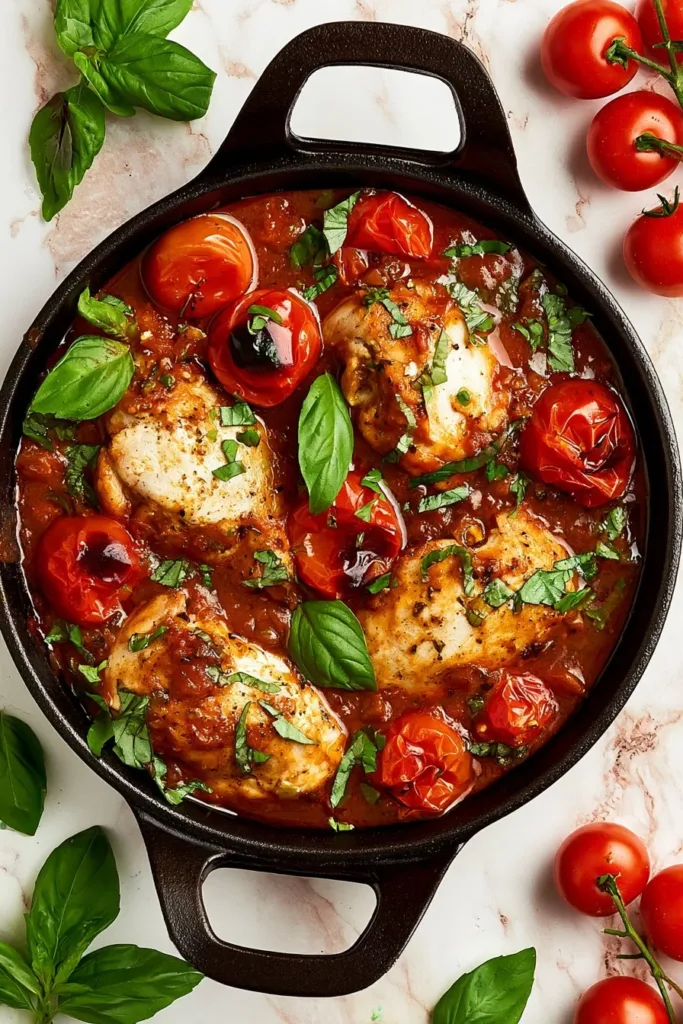 Delicious Chicken Caprese Skillet with herbs, tomatoes, and mozzarella