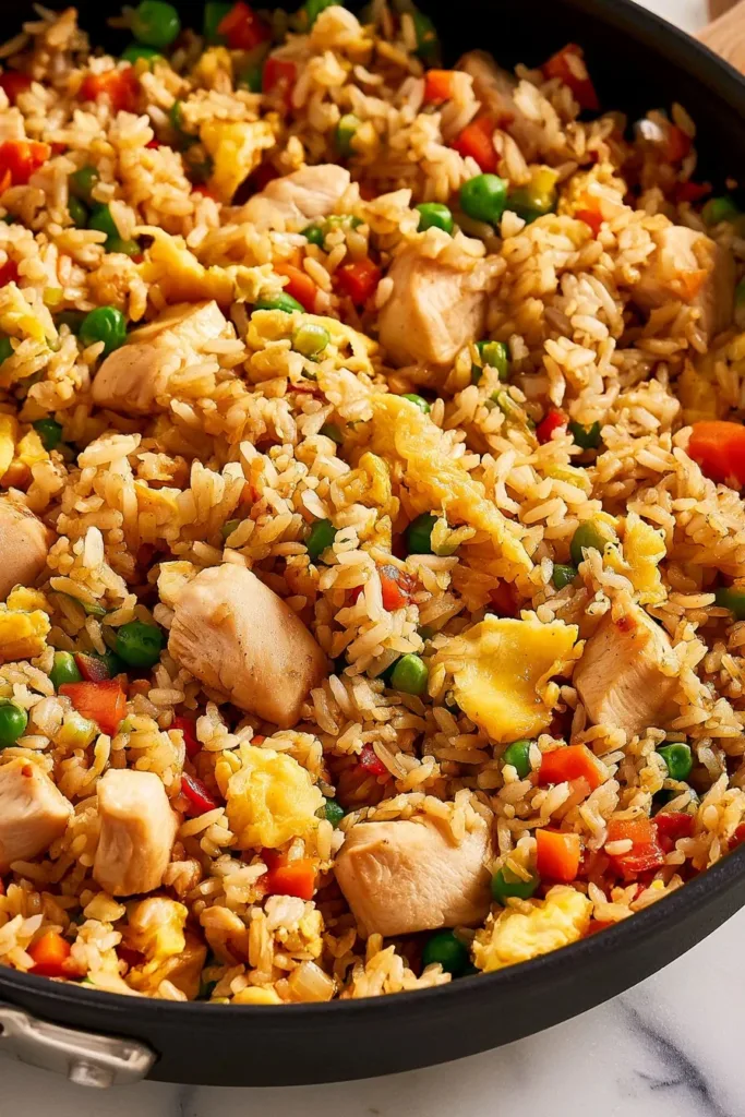 Homemade chicken fried rice with vegetables and chicken in a bowl