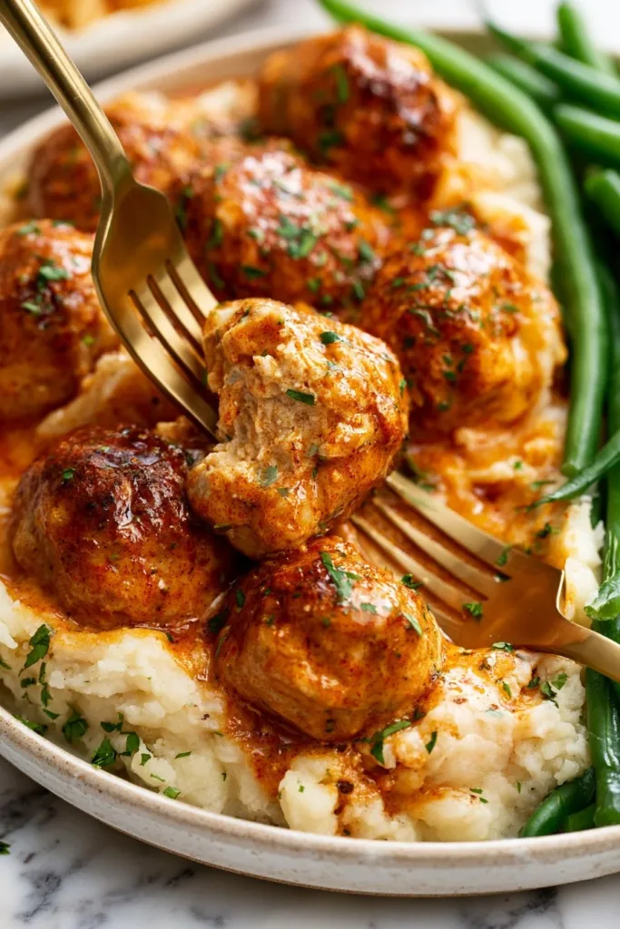 Chicken meatballs cooked with paprika and served on a plate.