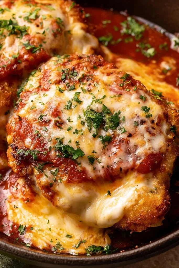 Delicious Chicken Parmesan served with pasta and fresh basil