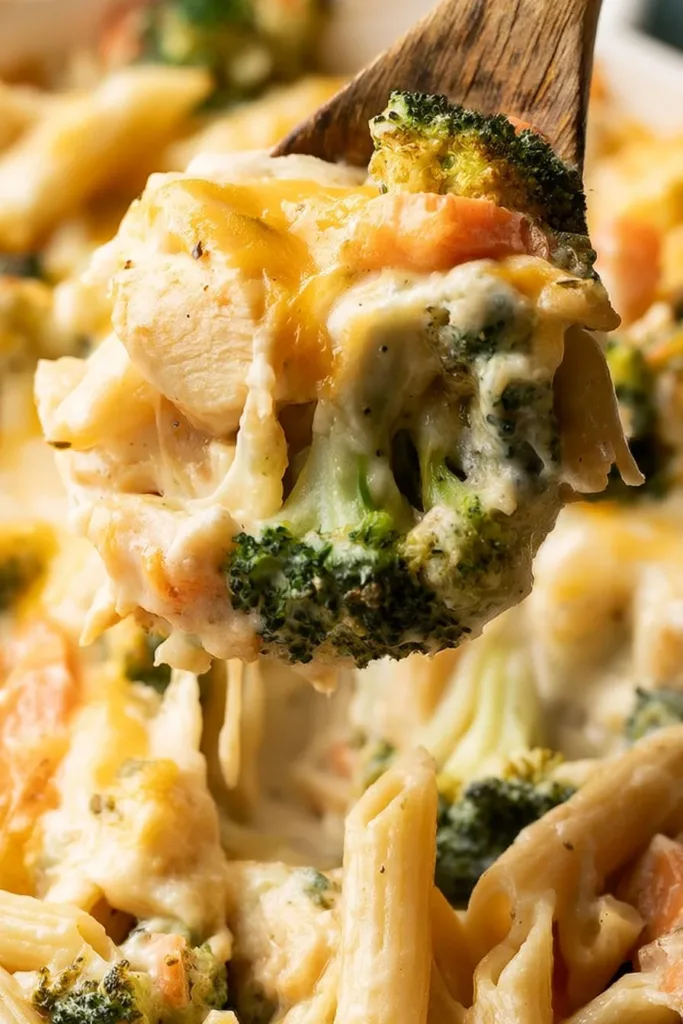 Delicious Chicken Penne Casserole topped with cheese and herbs