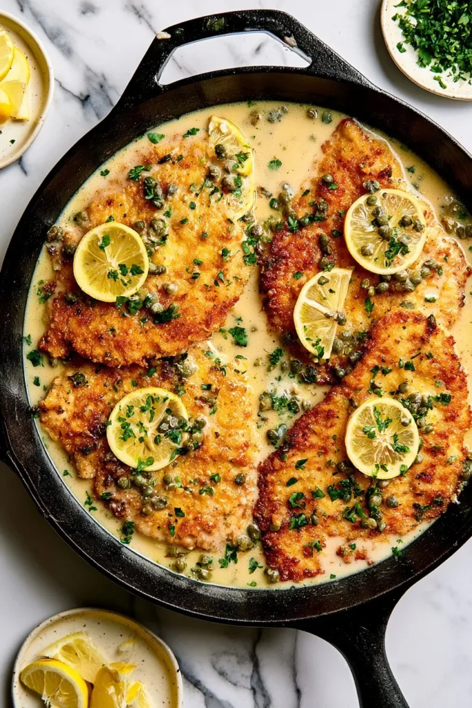 Delicious Chicken Piccata served with capers and lemon sauce