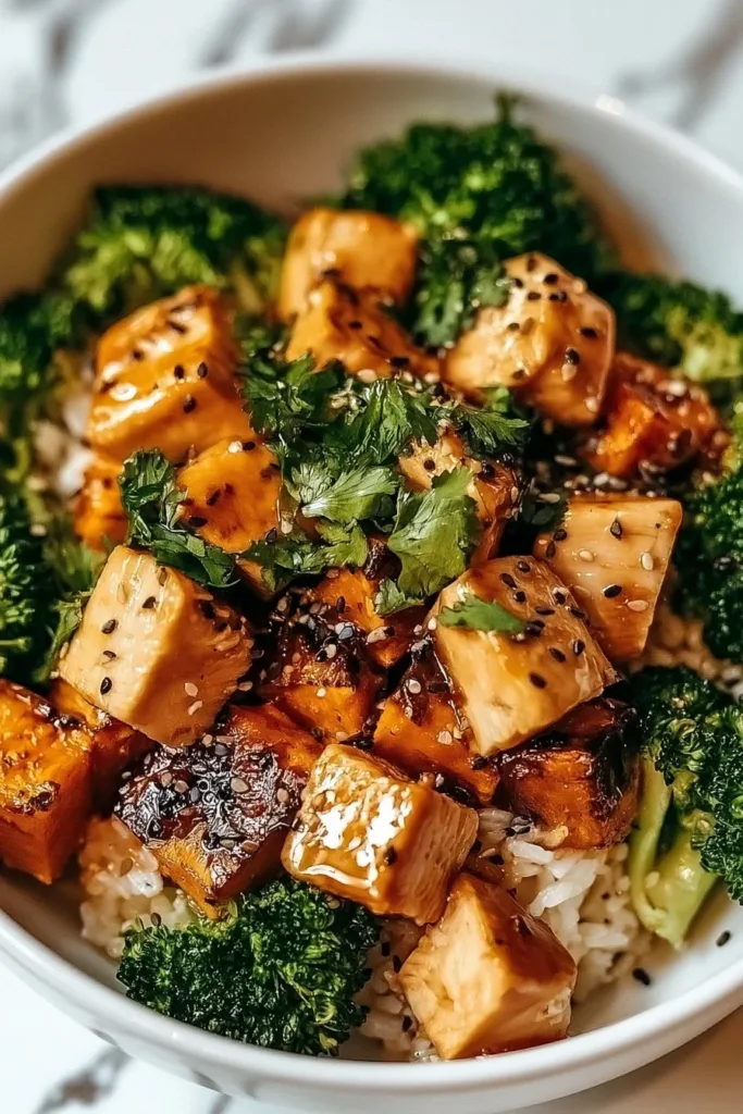 Delicious Chicken Sweet Potato Rice Bowl topped with fresh herbs