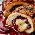 Delicious Chicken with Cranberry Brie Stuffing cooked to perfection