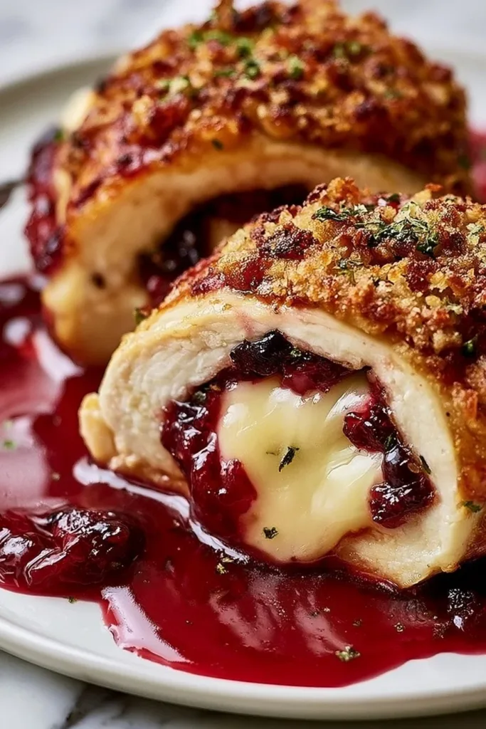 Delicious Chicken with Cranberry Brie Stuffing cooked to perfection