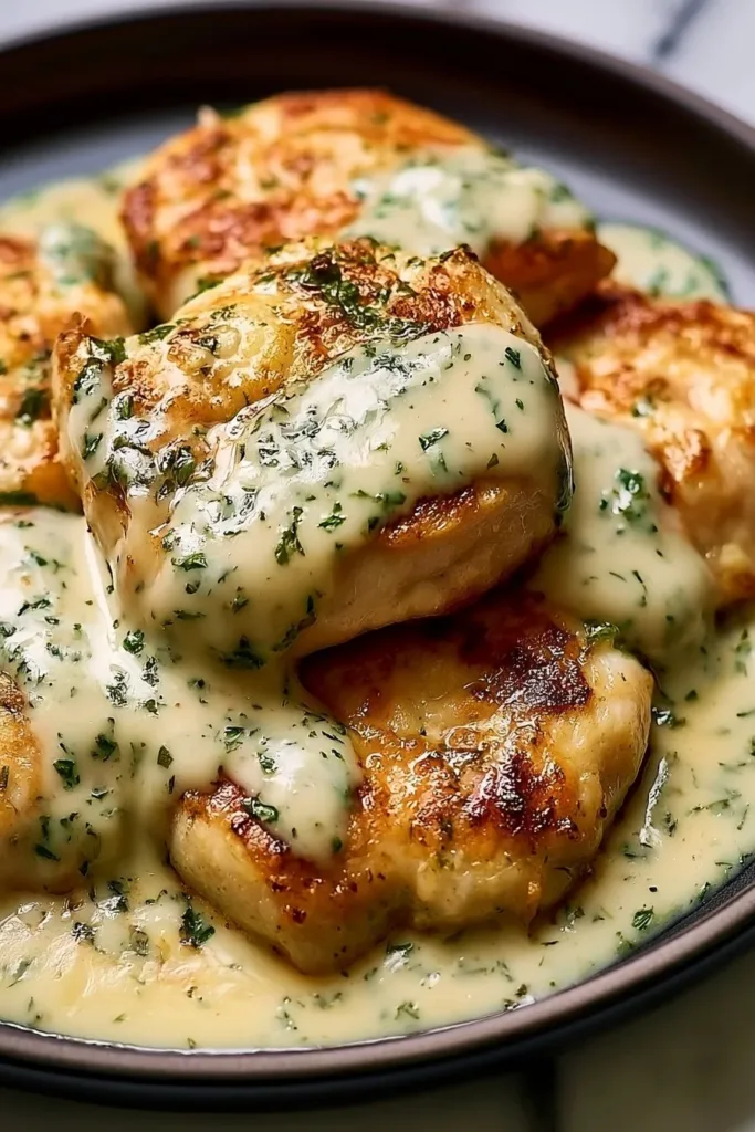 Creamy basil chicken topped with melted mozzarella cheese on a plate