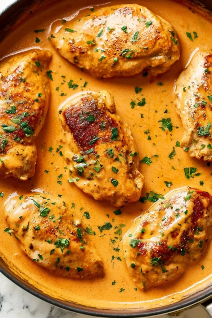 Creamy chicken breast skillet dish garnished with fresh herbs