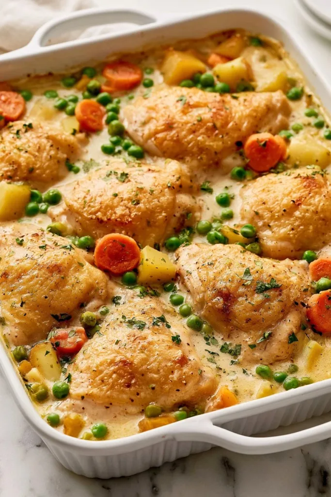 Creamy chicken casserole dish topped with crispy breadcrumbs and herbs.