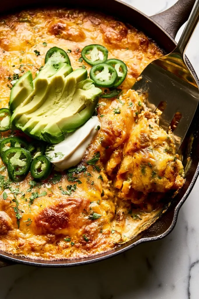 Creamy chicken enchilada skillet with tortillas, cheese, and toppings