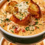 Bowl of creamy chicken Parmesan soup topped with cheese and herbs