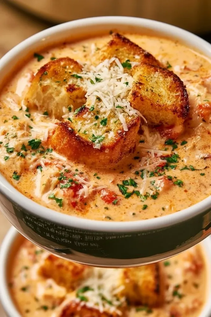 Bowl of creamy chicken Parmesan soup topped with cheese and herbs