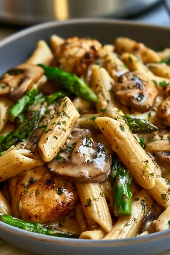 Creamy chicken pasta dish garnished with herbs on a white plate