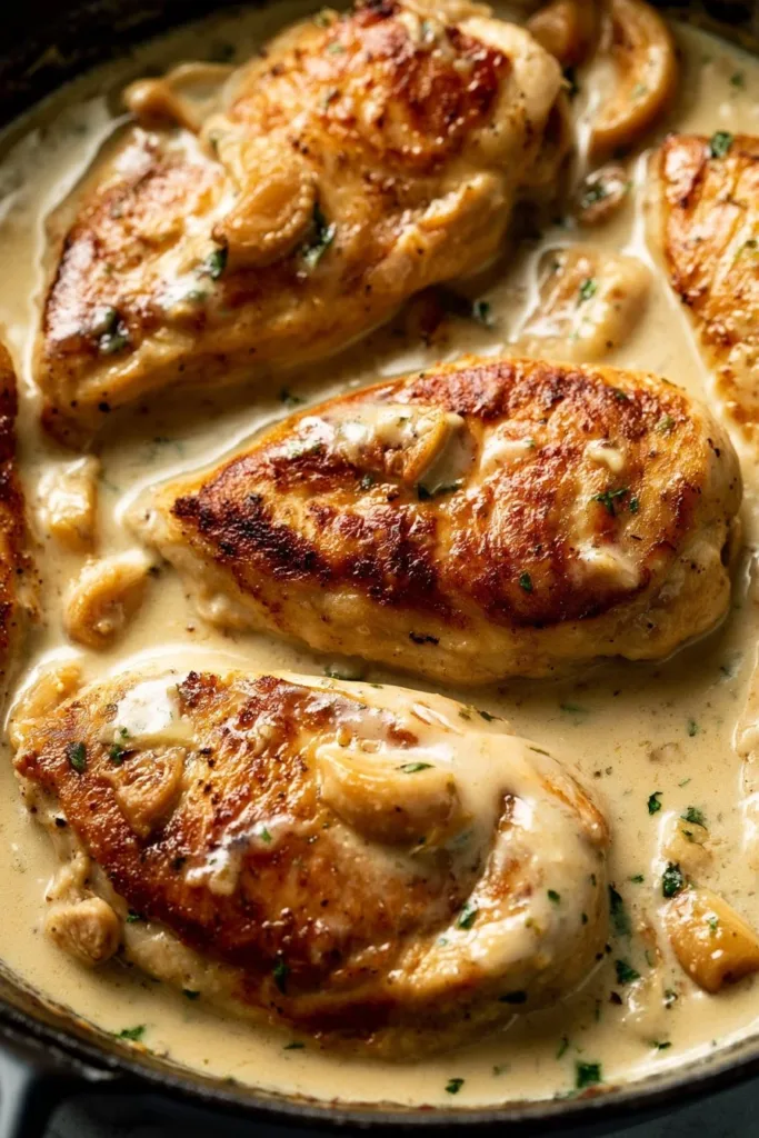 Creamy garlic chicken dish served on a plate with fresh herbs and vegetables.
