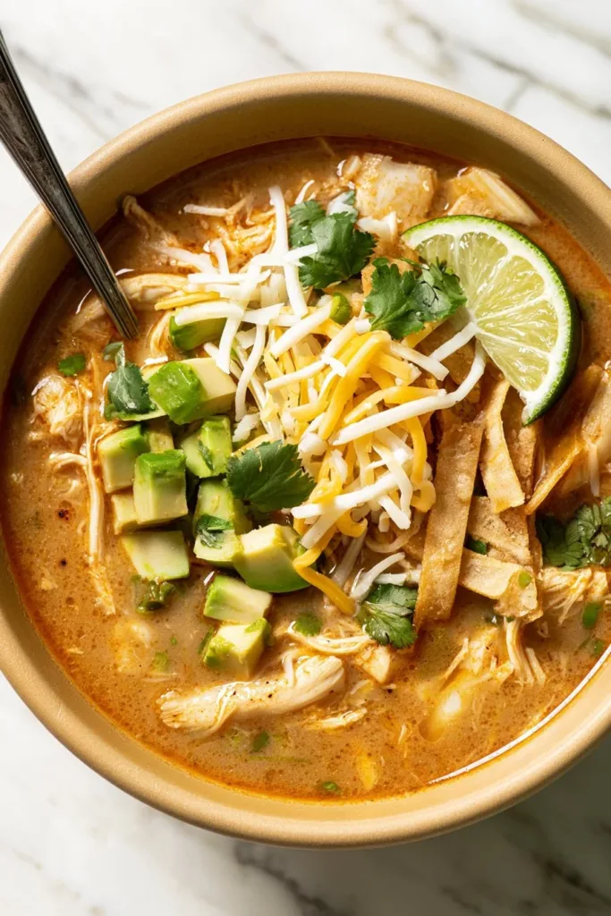 Creamy green chicken enchilada soup in a bowl, garnished with cilantro and lime.
