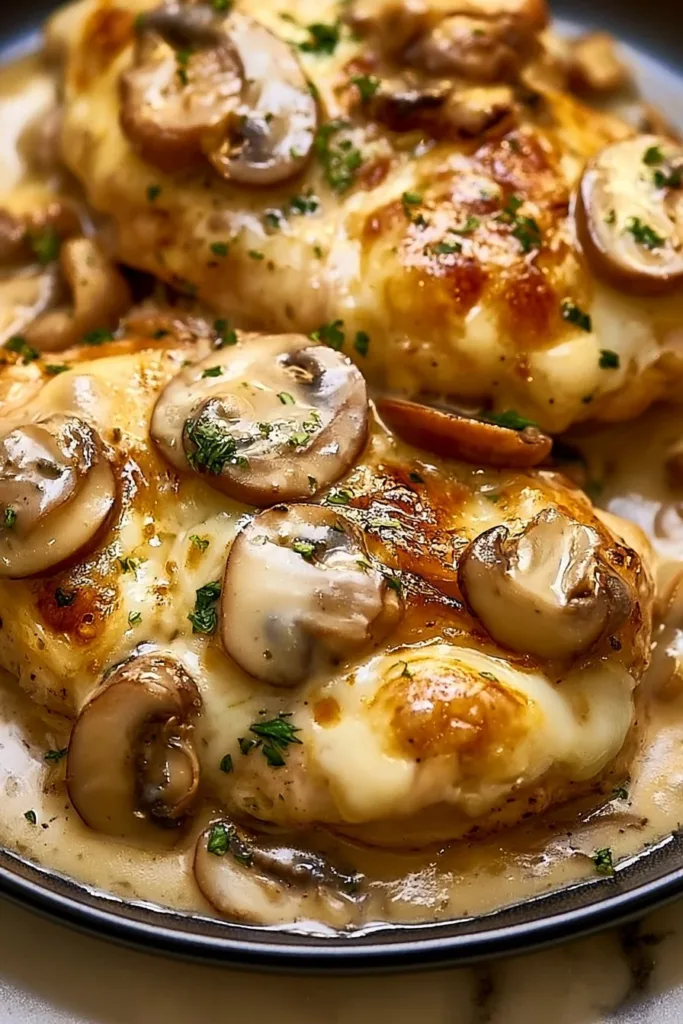 Creamy Mushroom Asiago Chicken served with herbs and spices