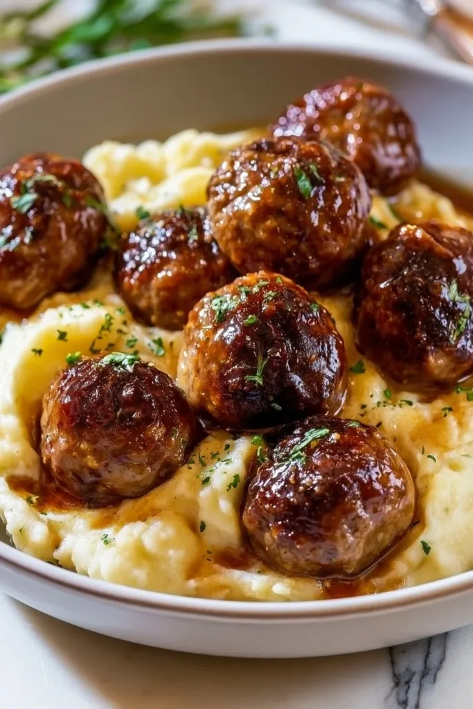 Creamy mushroom chicken meatballs served on a plate with a rich sauce