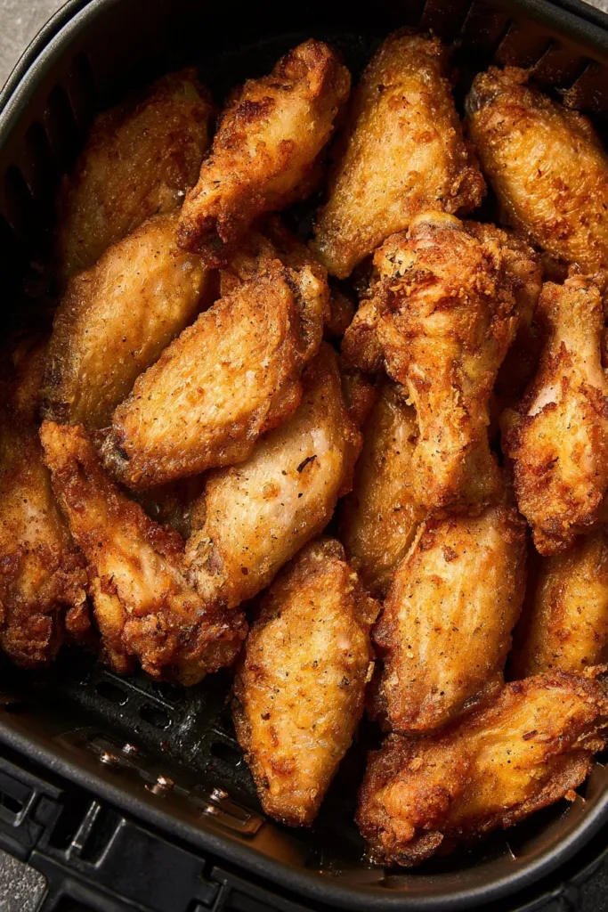 Crispy air fryer chicken wings garnished with herbs.